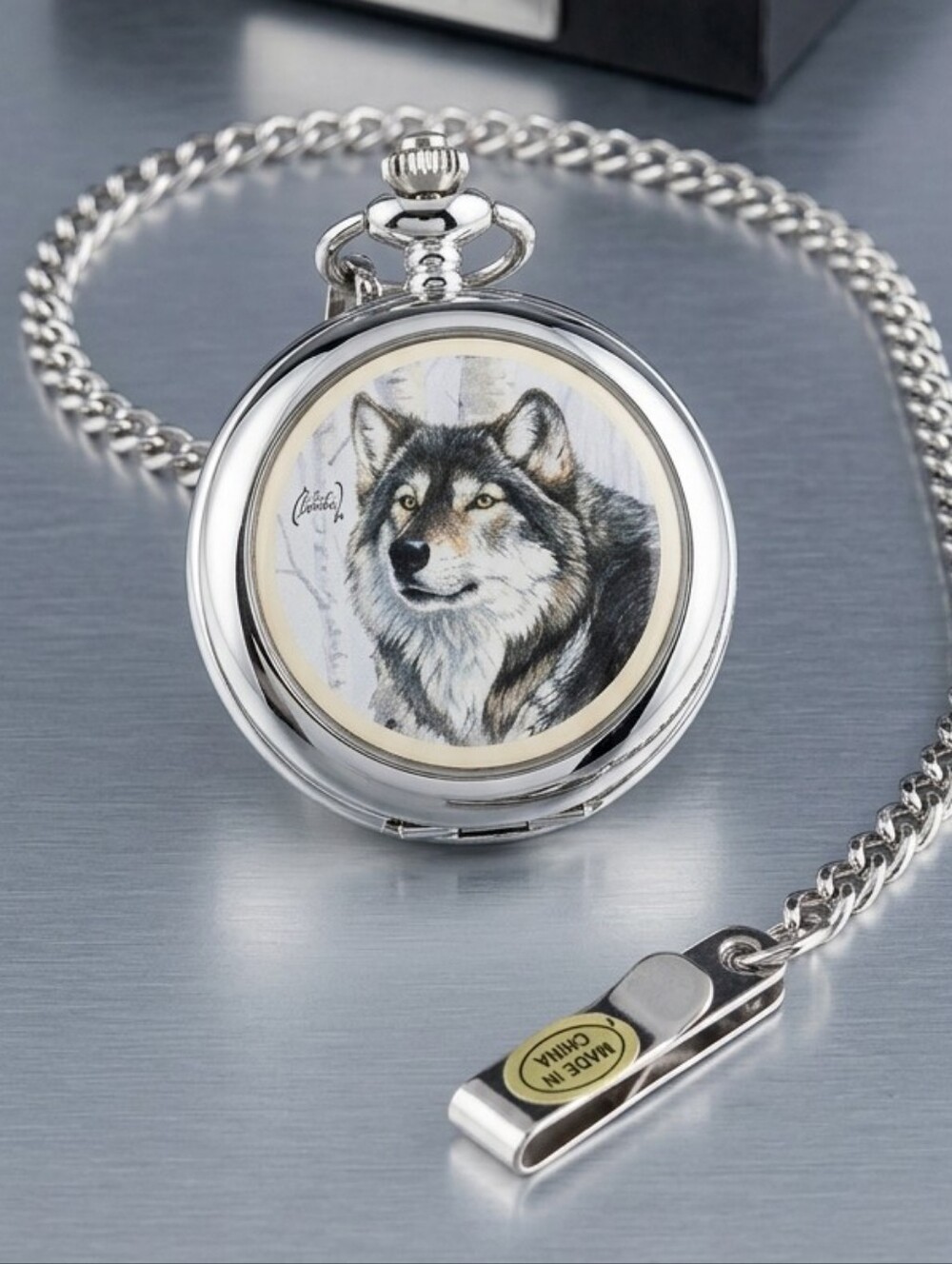 Vintage Al Agnew Avon Silver Pocket Watch with Wolf Illustration New In Box